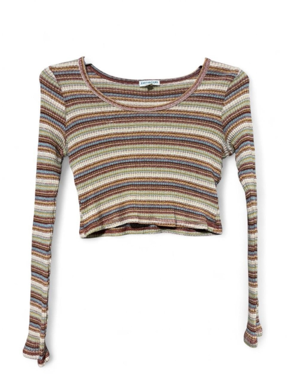 EARTHBOUND Multi-Striped Ribbed Long-Sleeve Crop Top - Brown, Cream, Blue